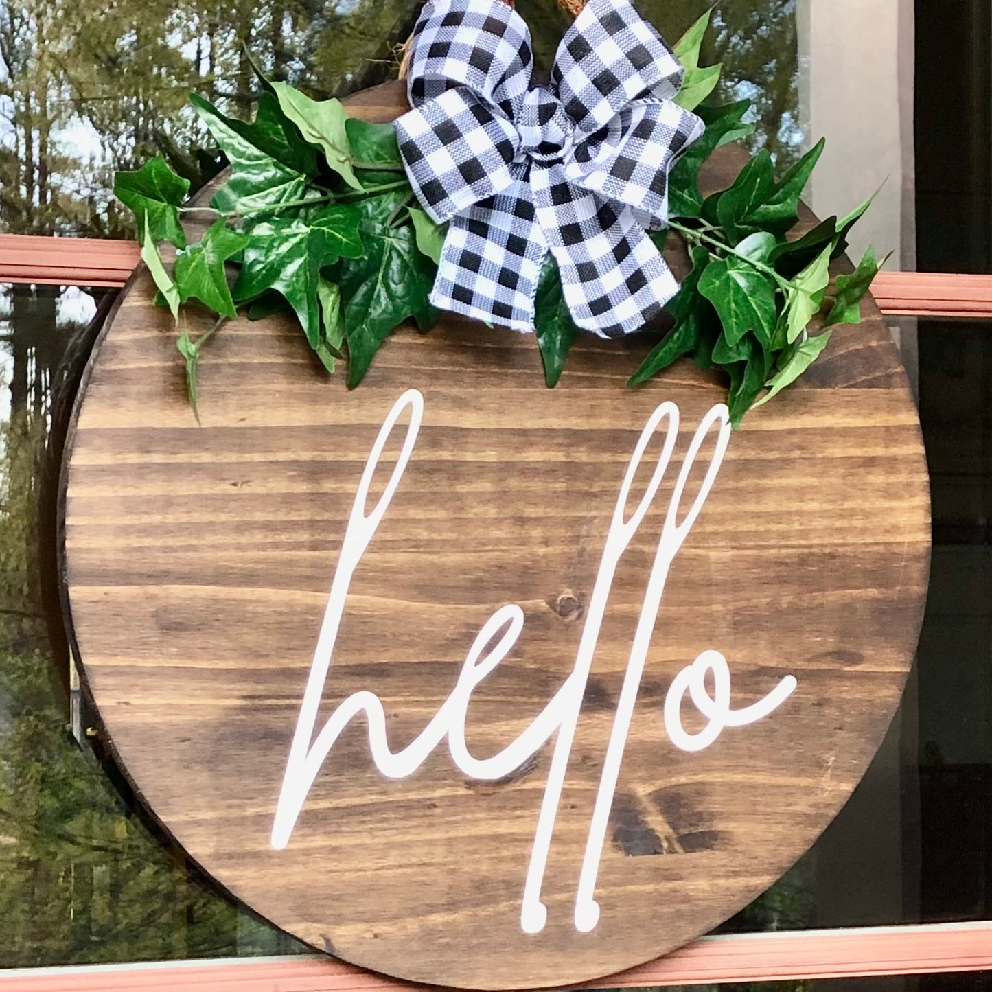 Hello Wood Sign With Greenery and Buffalo Plaid Bow