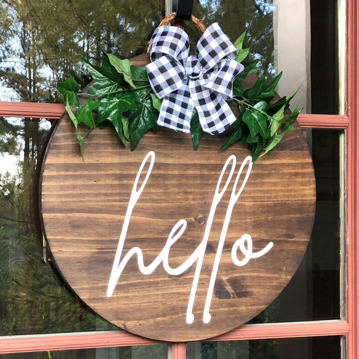 Hello Wood Sign With Greenery and Buffalo Plaid Bow