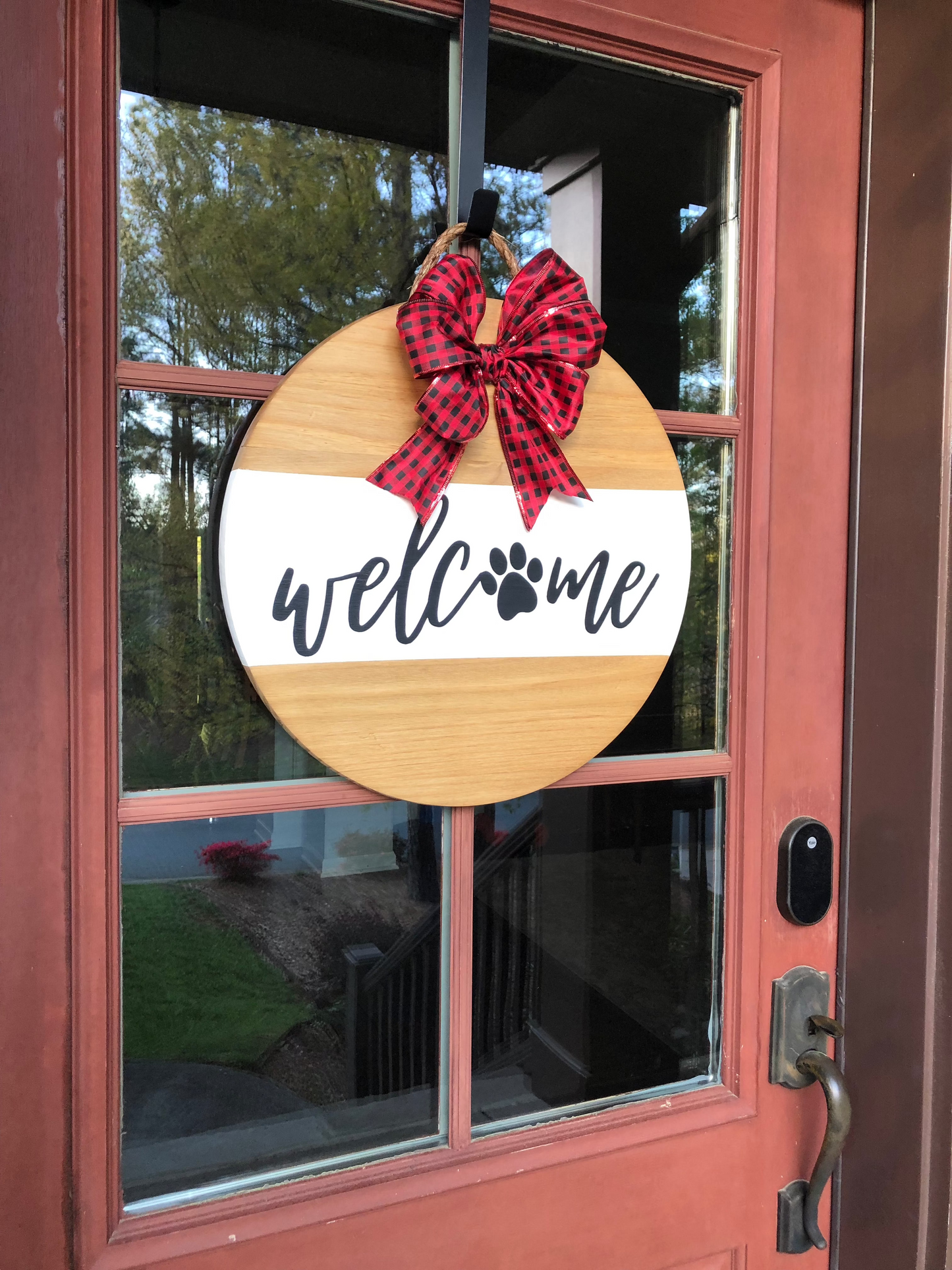 Welcome Paw Print Sign With Red Buffalo Plaid Bow