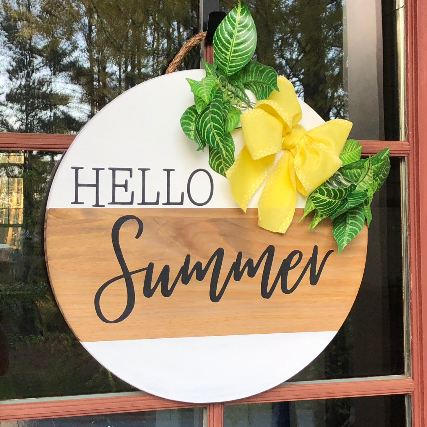 Hello Summer Wood Sign With Yellow Bow and Greenery