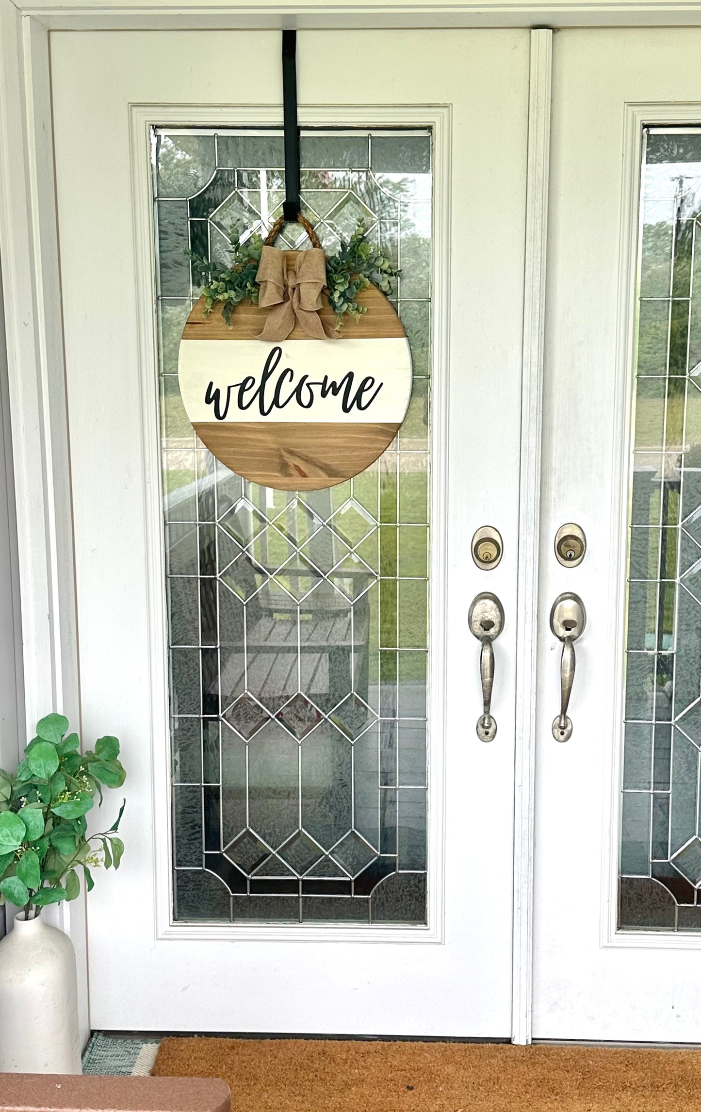 Welcome Wood Sign With Burlap Bow and Greenery