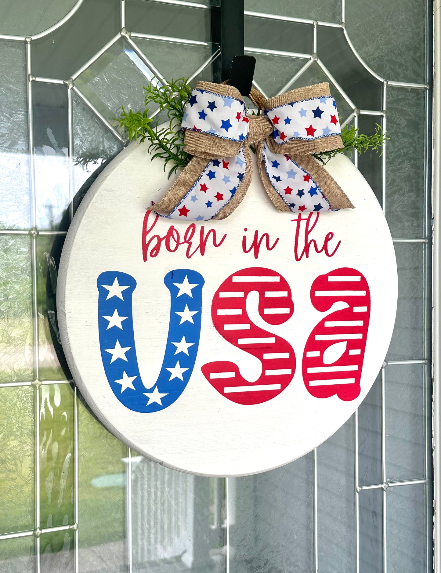 Born in the USA Wood Sign with Red White Blue Bow
