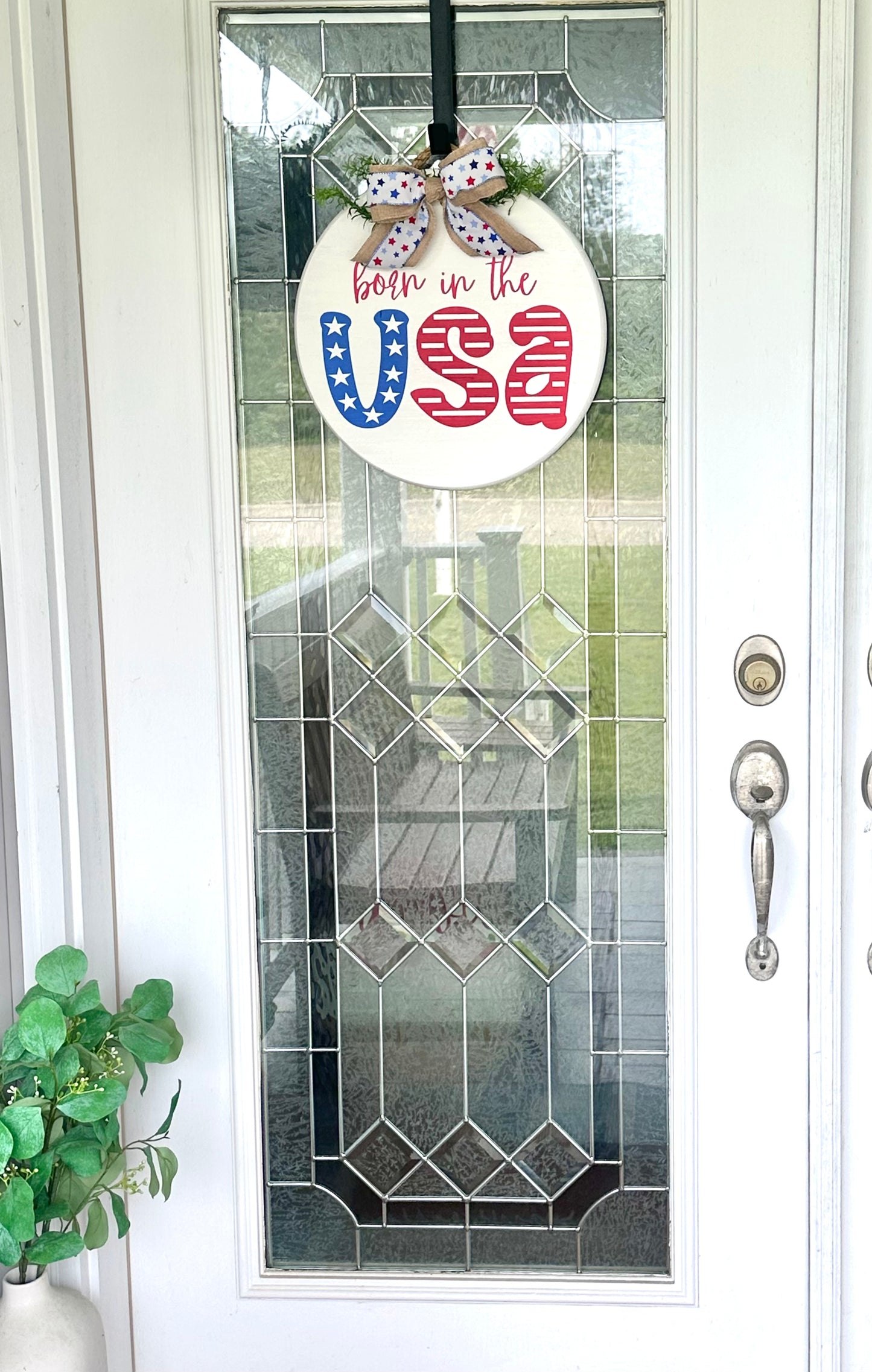 Born in the USA Wood Sign with Red White Blue Bow