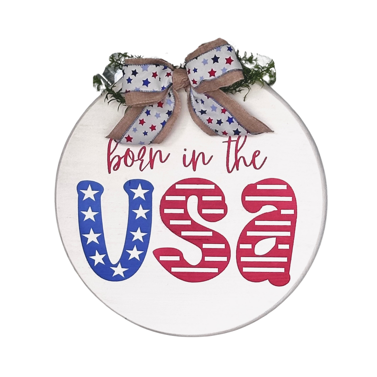 Born in the USA Wood Sign with Red White Blue Bow