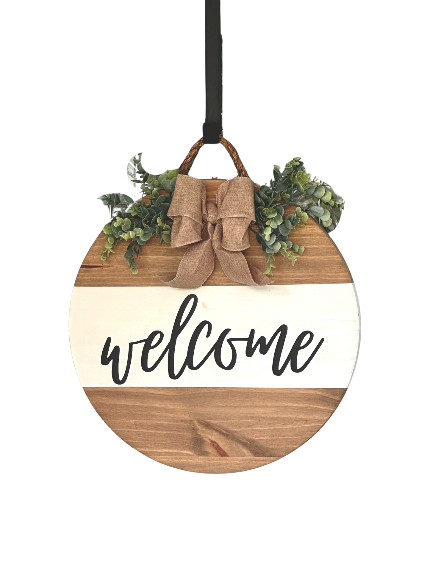 Welcome Wood Sign With Burlap Bow and Greenery