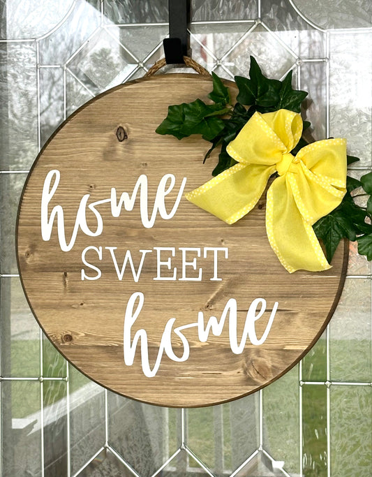 Home Sweet Home Wood Sign With Yellow Bow and Greenery