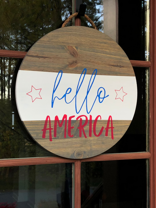 Hello America Wood Sign Red White Blue