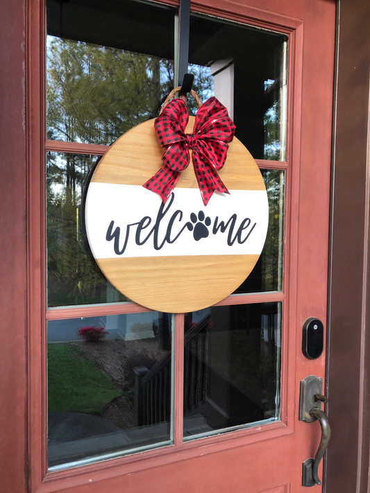 Welcome Paw Print Sign With Red Buffalo Plaid Bow