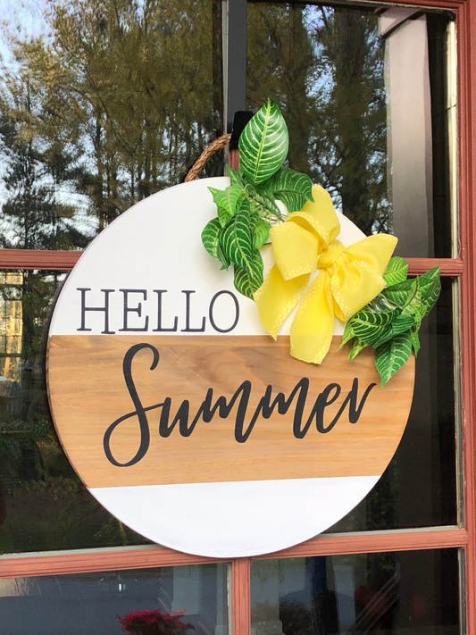 Hello Summer Wood Sign With Yellow Bow and Greenery