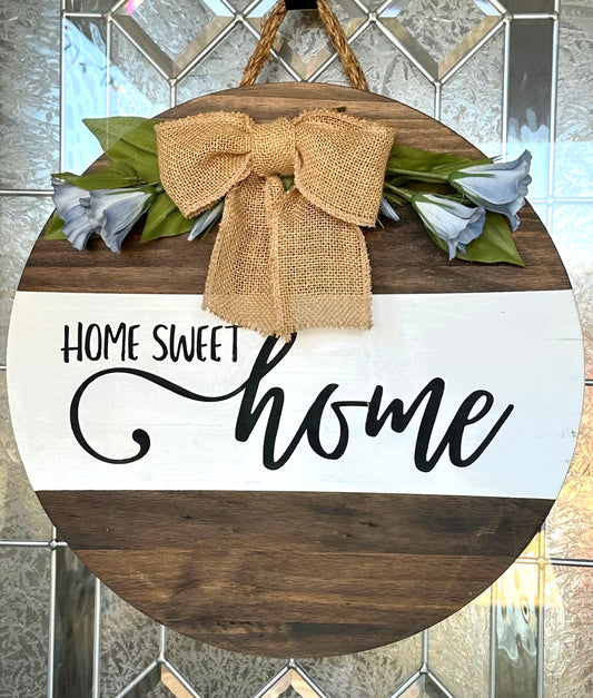 Home Sweet Home Wood Sign With Burlap Bow and Blue Flowers