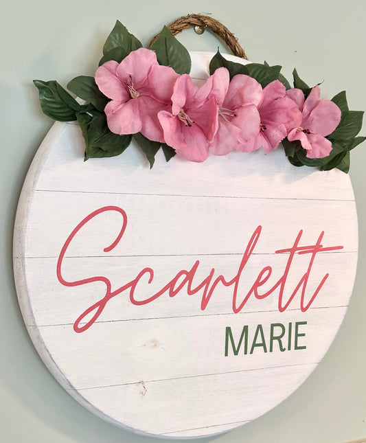 Personalized Baby Girl Nursery Wood Sign With Pink Flowers