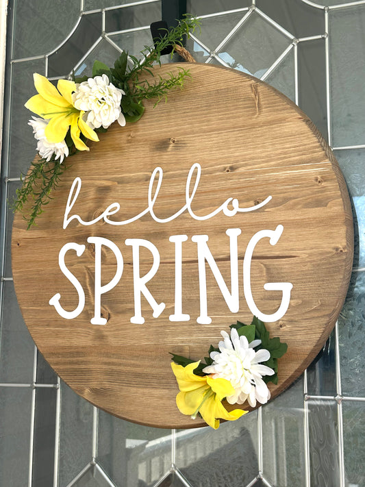 Hello Spring 18" Wood Sign With Floral and Greenery
