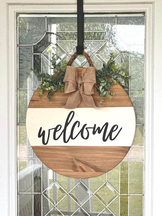 Welcome Wood Sign With Burlap Bow and Greenery