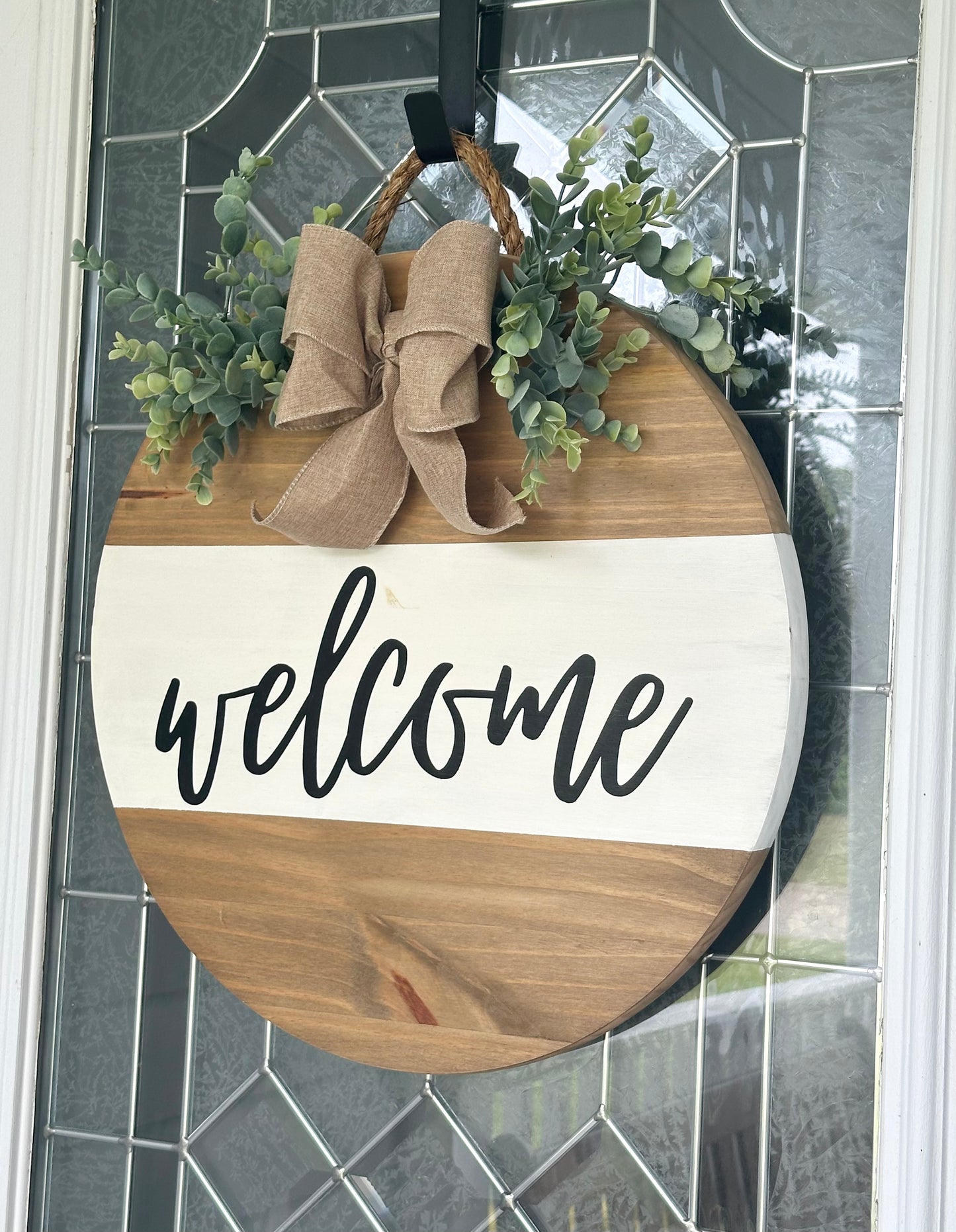 Welcome Wood Sign With Burlap Bow and Greenery